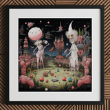 Creepy surreal art print in black frame featuring strange figures in a bizarre...