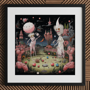 Creepy surreal art print in black frame featuring strange figures in a bizarre...