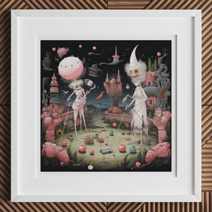 Grand Day out - Creepy Lowbrow Surreal Art Print, 12x12’’ / 31x31cm / White Frame / 2’’ Matboard, Framed Whimsical Fantasy Art Print Two