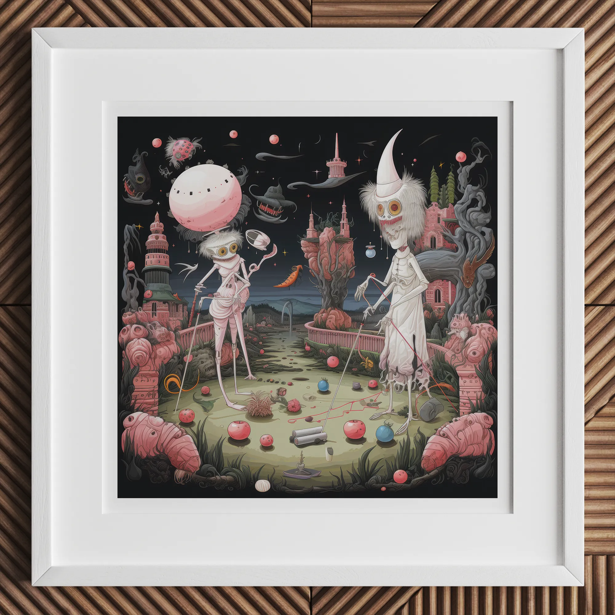 Grand Day out - Creepy Lowbrow Surreal Art Print, 12x12’’ / 31x31cm / White Frame, Framed Whimsical Fantasy Art Print Two Skeletal Figures