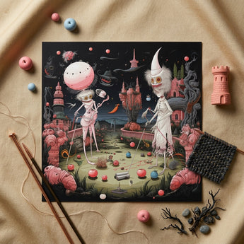 Grand Day out - Creepy Lowbrow Surreal Art Print / Canvas Whimsical Black-and-white Illustrated Print Two Skeletal Figures Surreal Creepy
