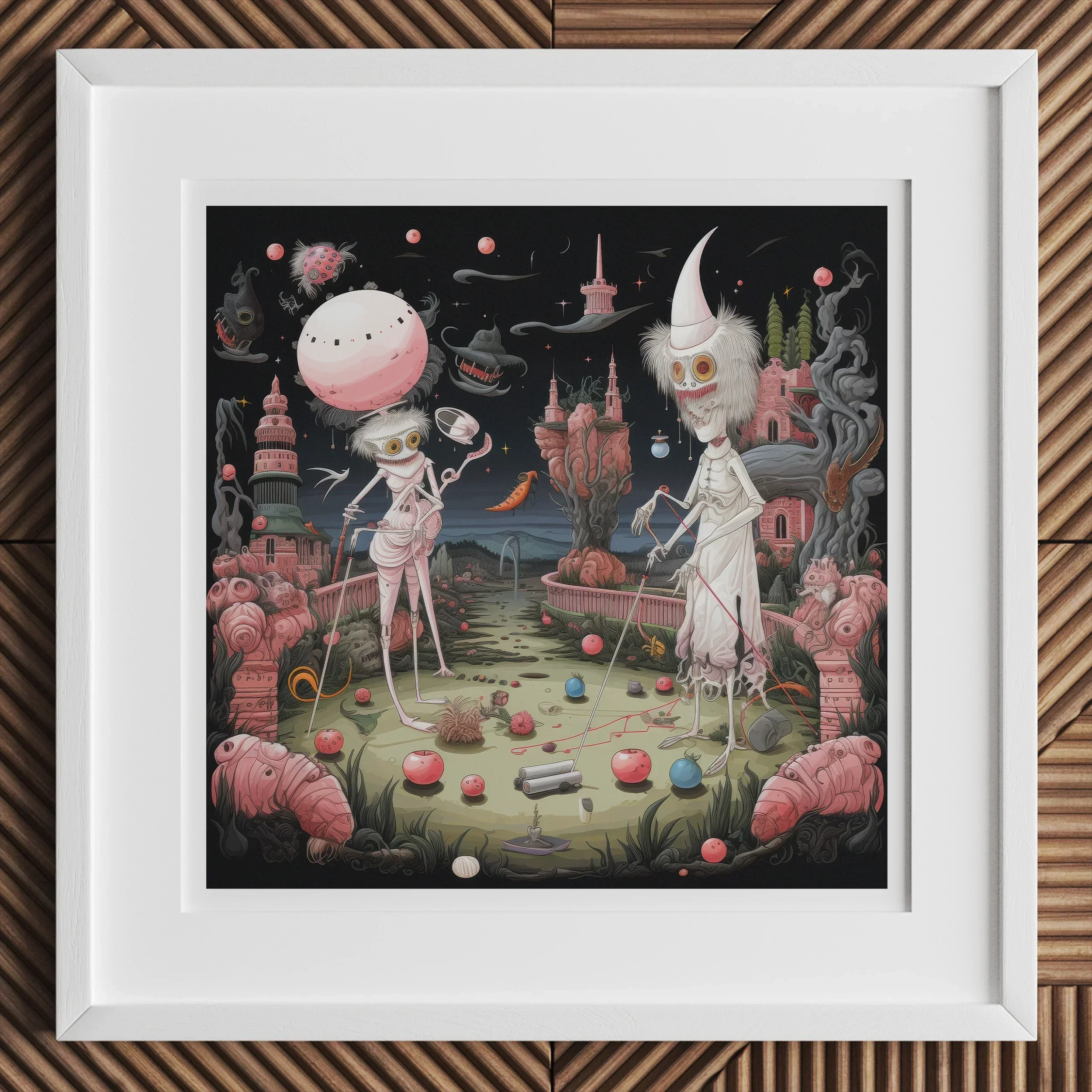 Grand Day out - Creepy Lowbrow Surreal Art Print, Framed Surrealist Artwork Skeletal Figures Whimsical Otherworldly