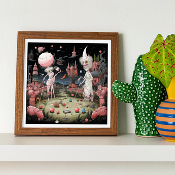 Grand Day out - Creepy Lowbrow Surreal Art Print, Framed Whimsical Artwork Surreal Pink Landscape Fantastical Creatures
