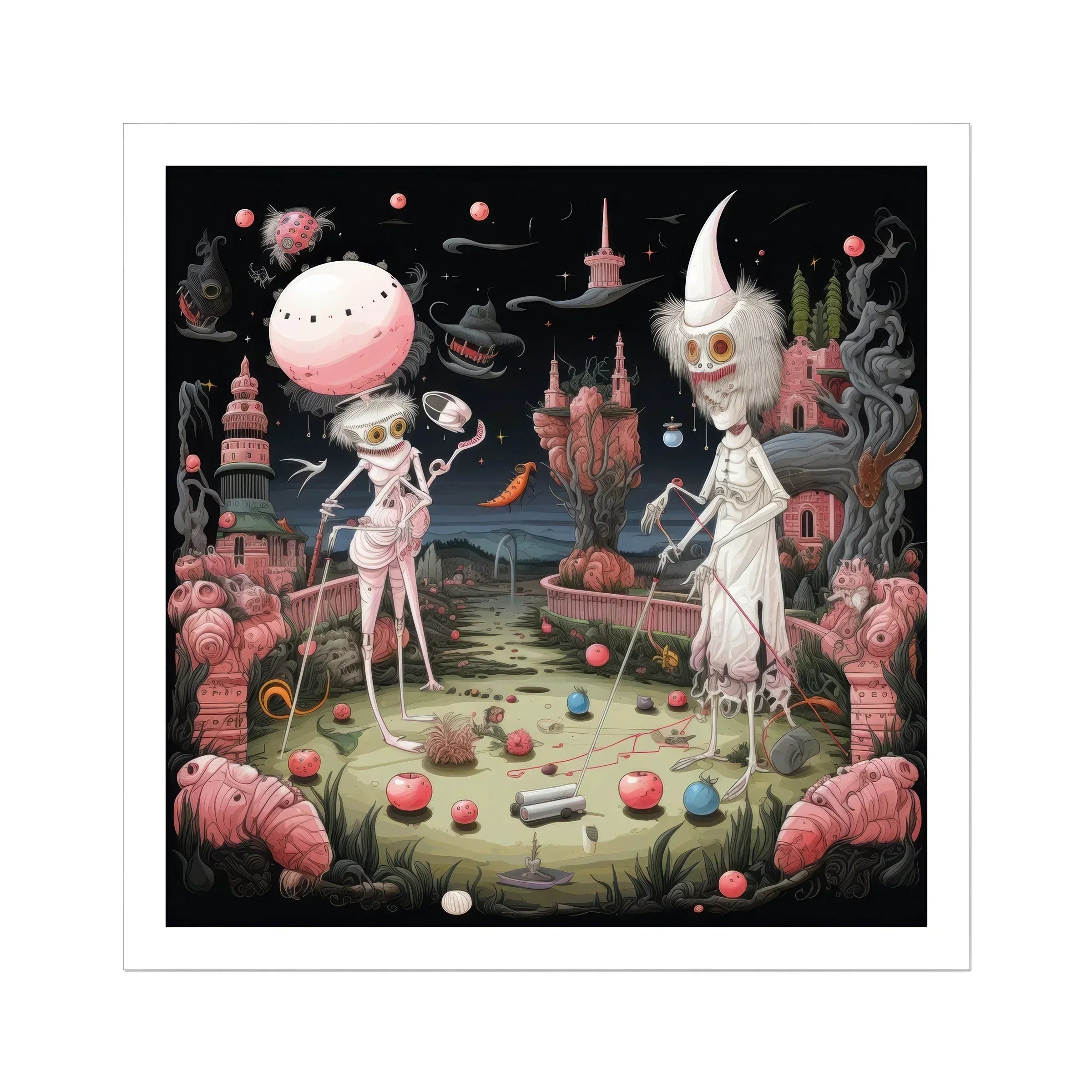 Grand Day out Creepy Lowbrow Surreal Art Print, Surreal Painting Skeletal Figures Fantastical Whimsical Landscape