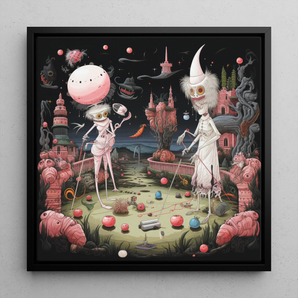 Grand Day out - Creepy Lowbrow Surreal Framed Canvas, 12x12’’ / 31x31cm / Black Floating Frame, Surreal Macabre Croquet Scene