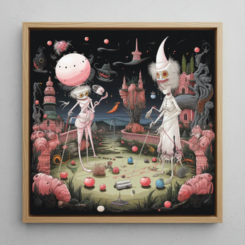Grand Day out - Creepy Lowbrow Surreal Framed Canvas, 12x12’’ / 31x31cm / Natural Floating Frame, Framed Fantastical Painting Two Elongated