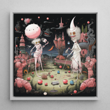 Grand Day out - Creepy Lowbrow Surreal Framed Canvas, 12x12’’ / 31x31cm / White Floating Frame, Whimsical Surreal Croquet Scene