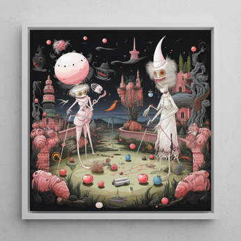 Grand Day out - Creepy Lowbrow Surreal Framed Canvas, 12x12’’ / 31x31cm / White Floating Frame, Whimsical Surreal Croquet Scene