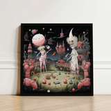 Black-framed Surreal Artwork Whimsical Skeletal Figures Dreamlike Landscape Creepy Lowbrow, Art, Print
