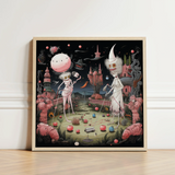 Whimsical Fantasy Artwork Light Wood Frame Two Skeletal Creepy Lowbrow Surreal, Art, Print