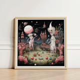 Whimsical Framed Artwork Two Skeletal Figures Surreal Pink-hued Creepy Lowbrow, Art, Print