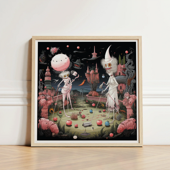 Whimsical Framed Artwork Two Skeletal Figures Surreal Pink-hued Creepy Lowbrow, Art, Print
