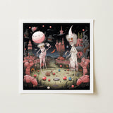 Grand Day out - Creepy Lowbrow Surreal Art Print / Canvas Square-framed Fantasy Illustration Two Skeletal Figures Pink-hued, Prints