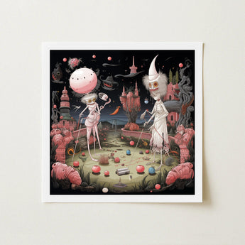 Grand Day out - Creepy Lowbrow Surreal Art Print / Canvas Square-framed Fantasy Illustration Two Skeletal Figures Pink-hued, Prints