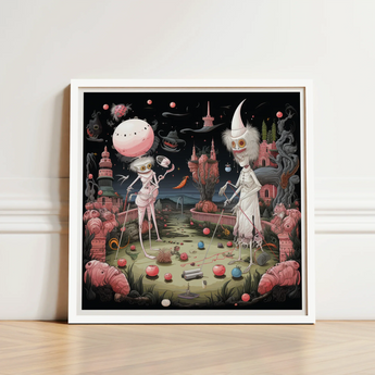 White Framed Artwork Surreal Whimsical Scene Two Skeletal Creepy Lowbrow, Art, Print