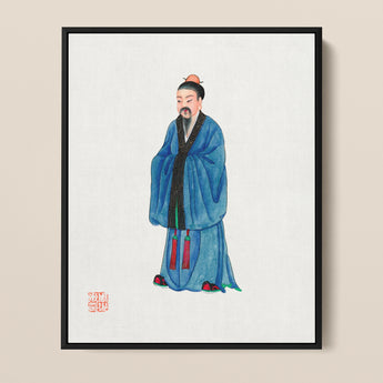 Framed Watercolor Painting Traditional Chinese Scholar Blue Robes Qing Dynasty Manchu, Fashion Art, Confucian Erudition