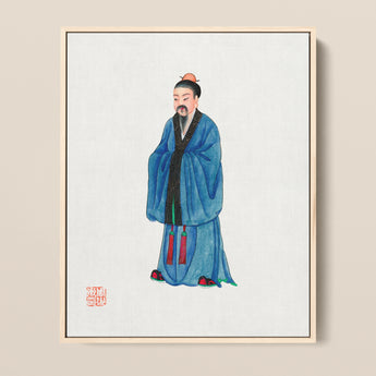 Framed Watercolor Painting Traditional Chinese Scholar Blue Robes Qing Dynasty Manchu, Fashion Art, Confucian Erudition