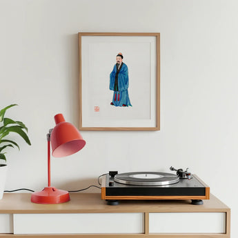 Grand Master - Qing Dynasty Art Print / Canvas Framed Traditional Chinese Watercolor Painting Figure Blue Robes Qing Dynasty Manchu, Manchu