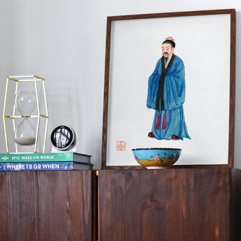 Grand Master - Qing Dynasty Art Print / Canvas Framed Watercolor Painting Figure Traditional Chinese Blue Robes Qing Dynasty Manchu, Manchu
