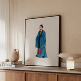 Grand Master - Qing Dynasty Art Print / Canvas Framed Watercolor Portrait Traditional Chinese Figure Blue Robes Qing Dynasty Manchu, Manchu