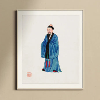 Grand Master - Qing Dynasty Art Print / Canvas Traditional Chinese Watercolor Painting Scholar Blue Robe Qing Dynasty Manchu, Manchu
