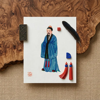 Grand Master - Qing Dynasty Art Print / Canvas Traditional Chinese Watercolor Painting White Paper Scholar Blue Manchu, Fashion, Confucian