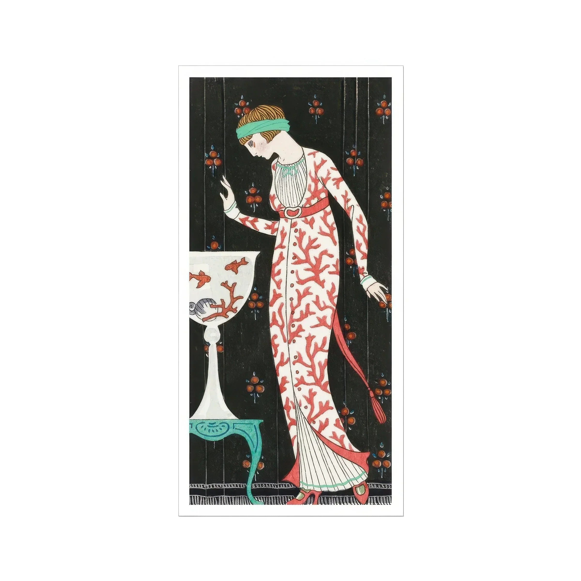Grande Robe Du Soir George Barbier 1920s Art Print, Art Deco Illustration Woman Red White Patterned Dress
