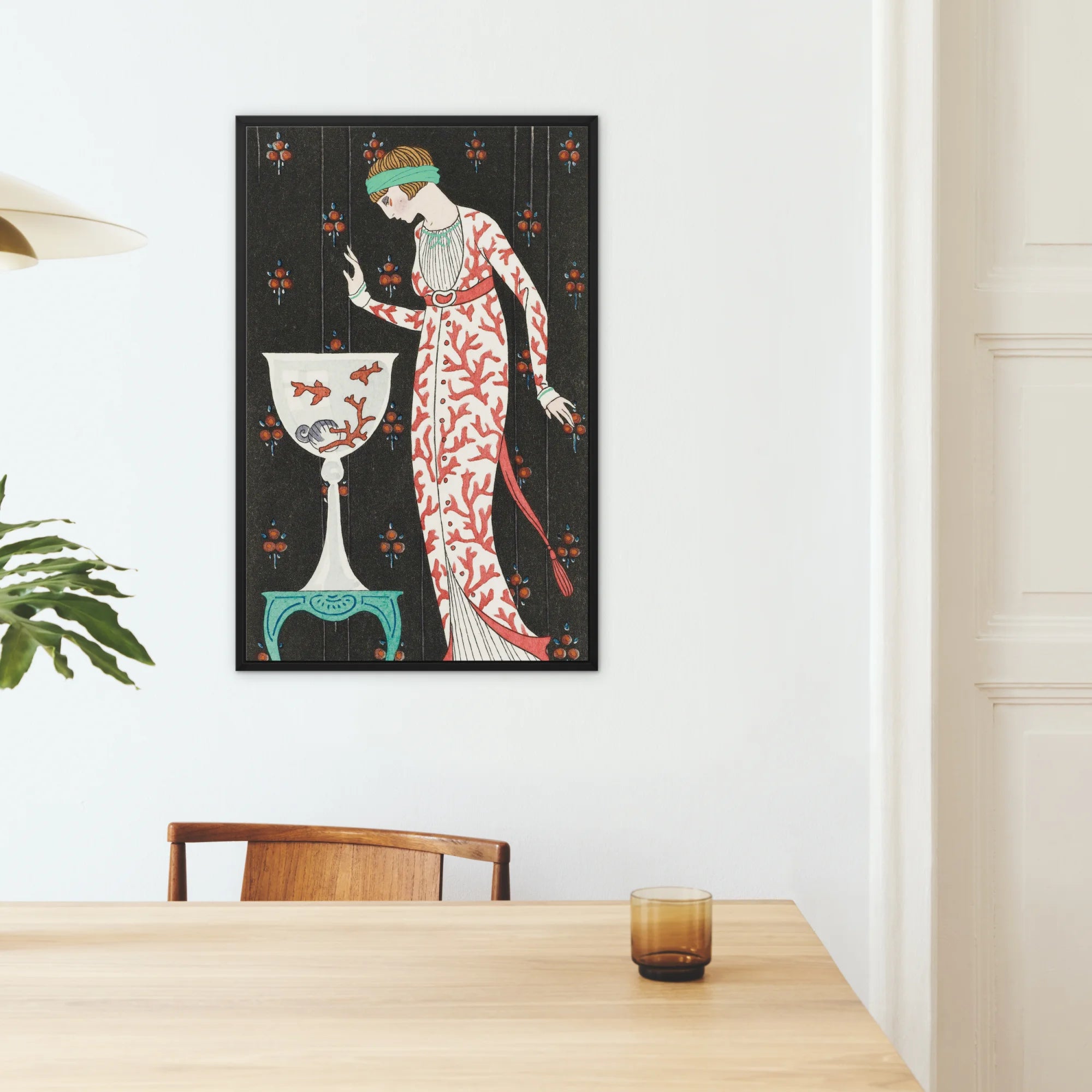 Grande Robe Du Soir George Barbier Framed Canvas, Art Deco Style Poster Elegant Figure Patterned Dress