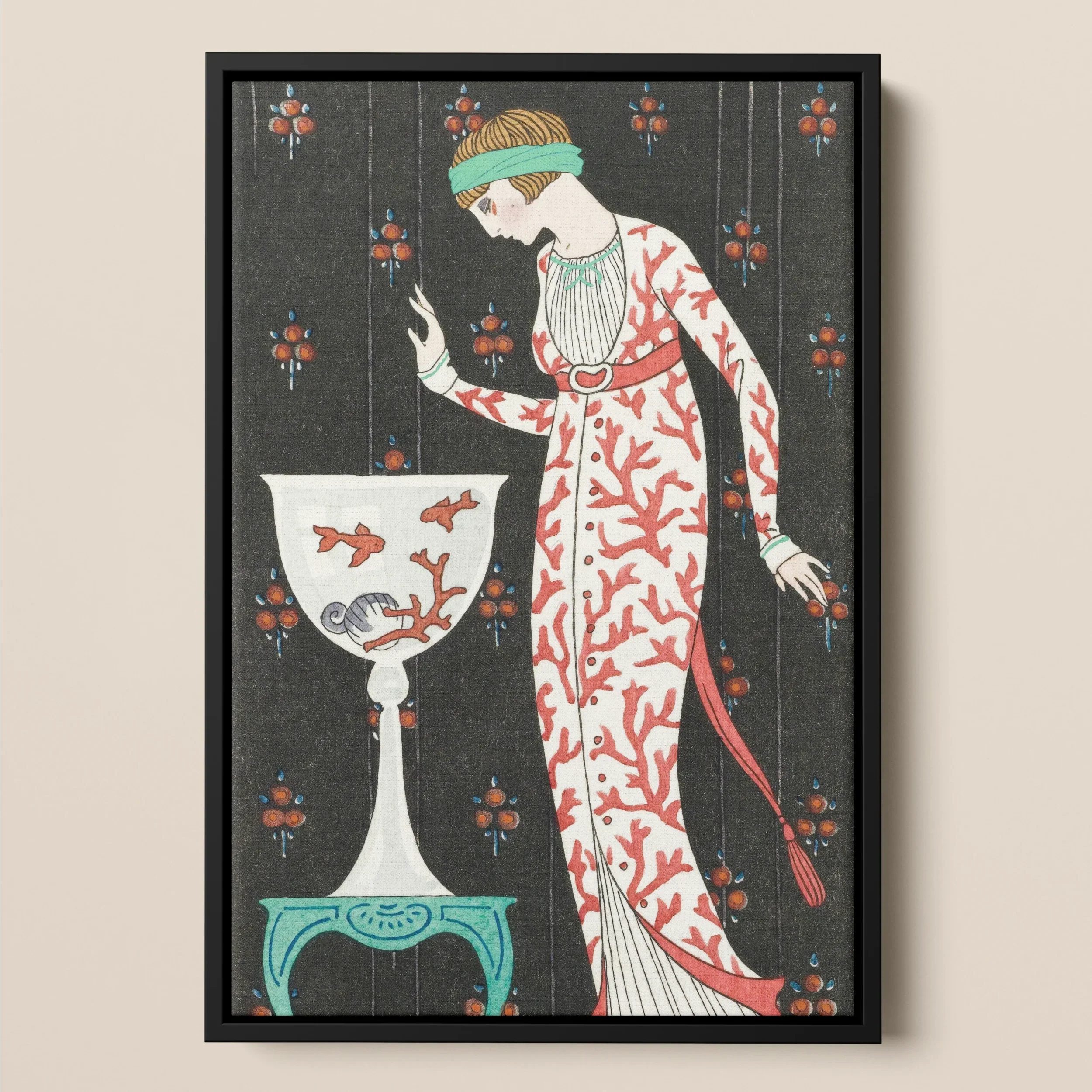 Grande Robe Du Soir - George Barbier Framed Canvas, Stylized Art Deco Illustration Slender Woman Patterned Dress