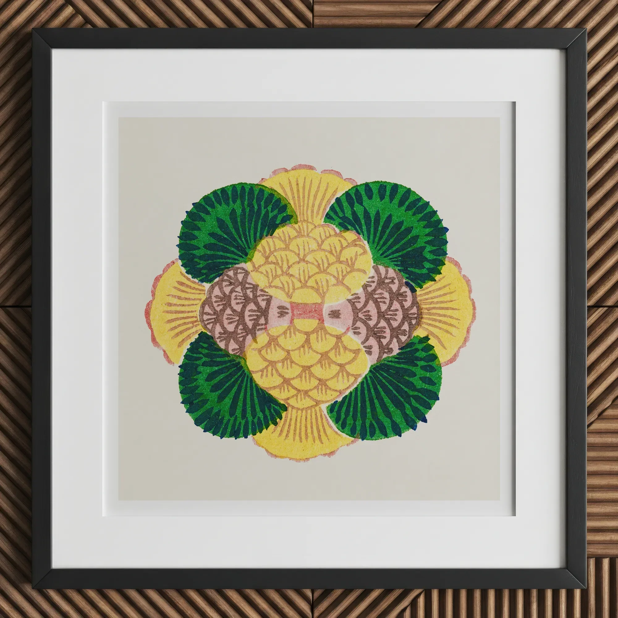 Graphic Bloom - Taguchi Tomoki Floral Art Print, 12x12’’ / 31x31cm / Black Frame / 2’’ Matboard, Framed Print Stylized Pineapple Fan-like