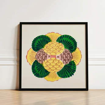 Vibrant Square-framed Artwork Stylized Pineapple Green Leafy Accents Taguchi Tomoki, Tsubaki Woodblock Print, Graphic Bloom