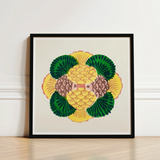 Vibrant Embroidered Artwork Stylized Pineapple Green Leafy Accents Taguchi Tomoki, Tsubaki Woodblock Print, Graphic Bloom