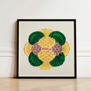Vibrant Embroidered Artwork Stylized Pineapple Green Leafy Accents Taguchi Tomoki, Tsubaki Woodblock Print, Graphic Bloom