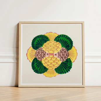 Vibrant Stylized Pineapple Illustration Light Wood Frame Taguchi Tomoki, Tsubaki Woodblock Print, Graphic Bloom