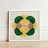 Vibrant Stylized Pineapple Illustration White Frame Taguchi Tomoki, Tsubaki Woodblock Print, Graphic Bloom