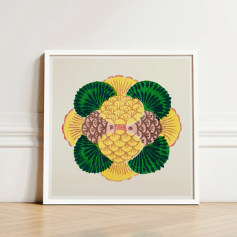 Vibrant Stylized Pineapple Illustration White Frame Taguchi Tomoki, Tsubaki Woodblock Print, Graphic Bloom