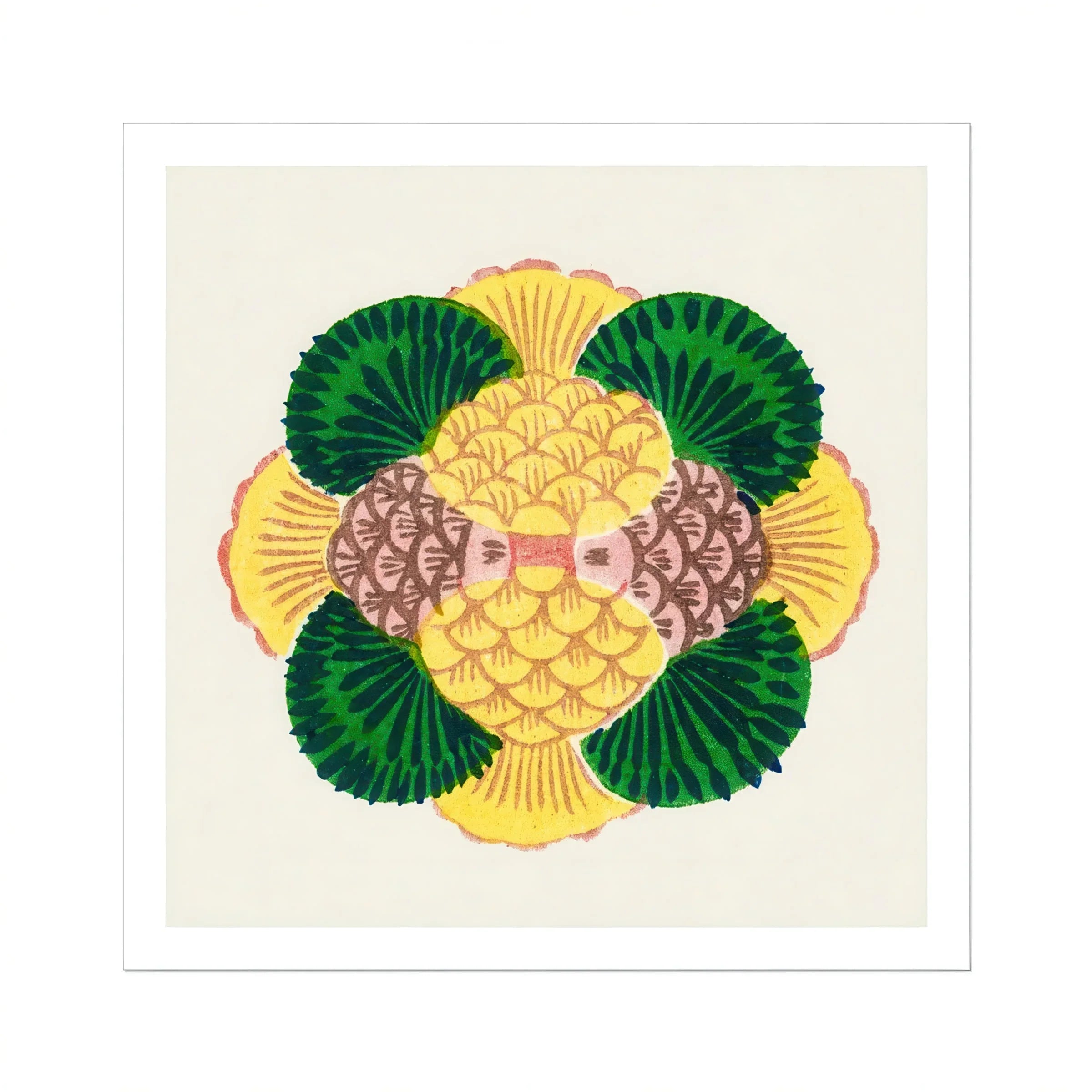 Graphic Bloom - Taguchi Tomoki Floral Art Print, Decorative Circular Pattern Made Stylized Yellow Pink Fish
