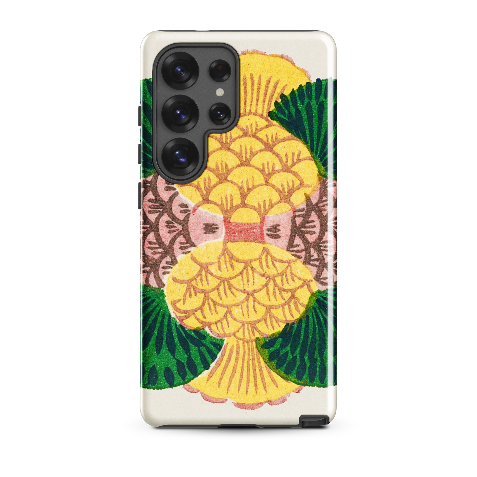Graphic Bloom Taguchi Tomoki Floral Samsung Case, Galaxy S25 Ultra / Gloss, White Phone Case Vibrant Pineapple Design Green Leaves