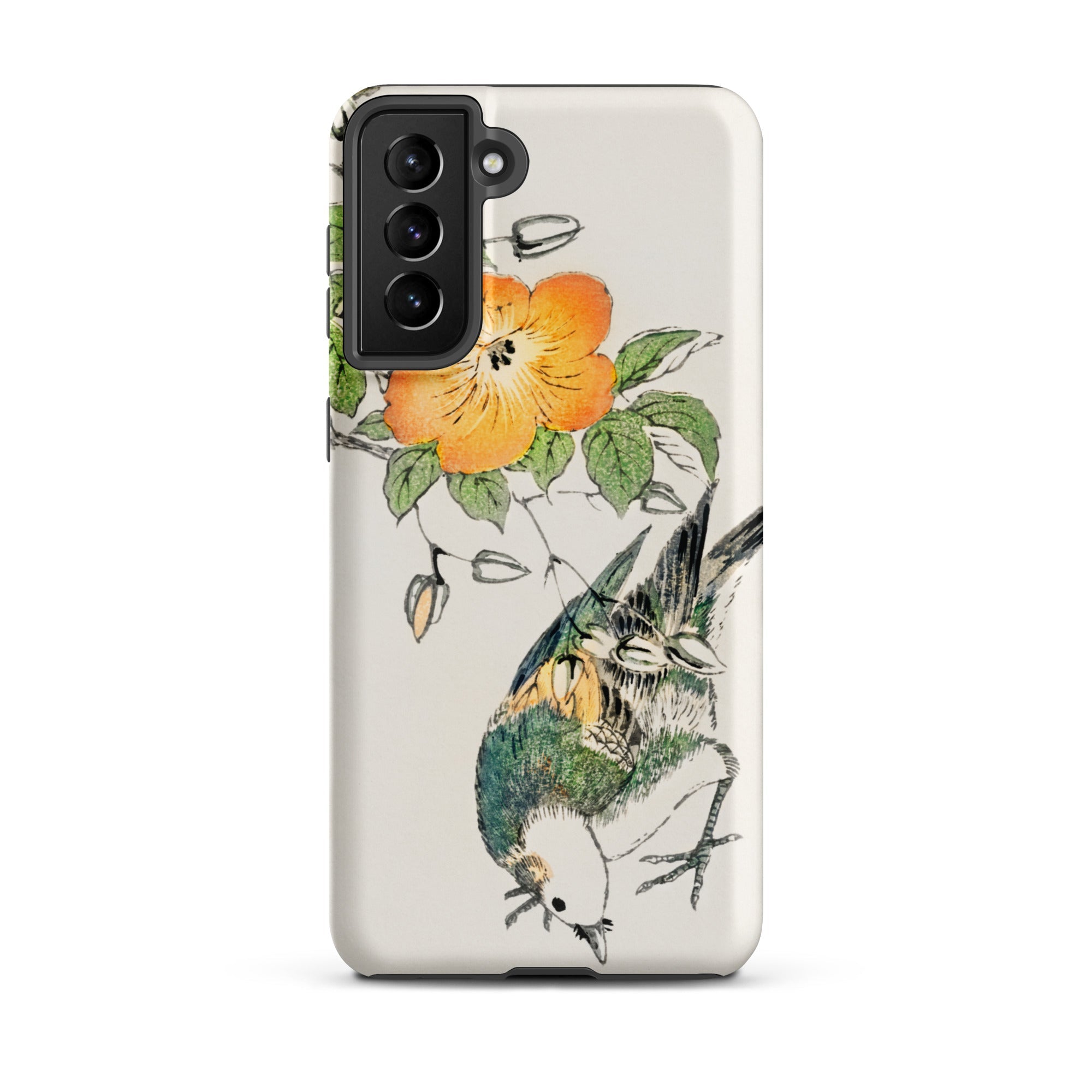 Gray Starling Numata Kashu Kacho e Samsung Case, Galaxy S21 Plus / Matte, White Smartphone Case Colorful Illustration Bird Flowers