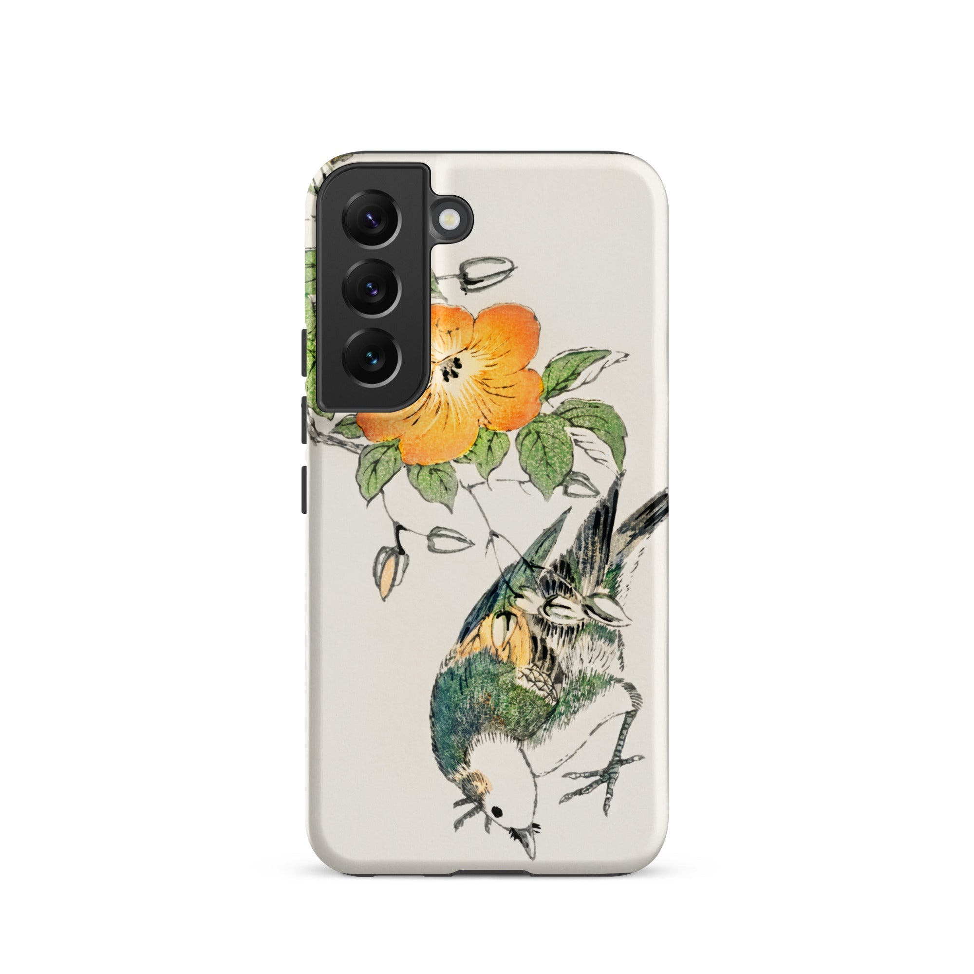 Gray Starling Numata Kashu Kacho e Samsung Case, Galaxy S22 / Matte, Smartphone Light Colored Case Illustration Orange Flower Bird Upside