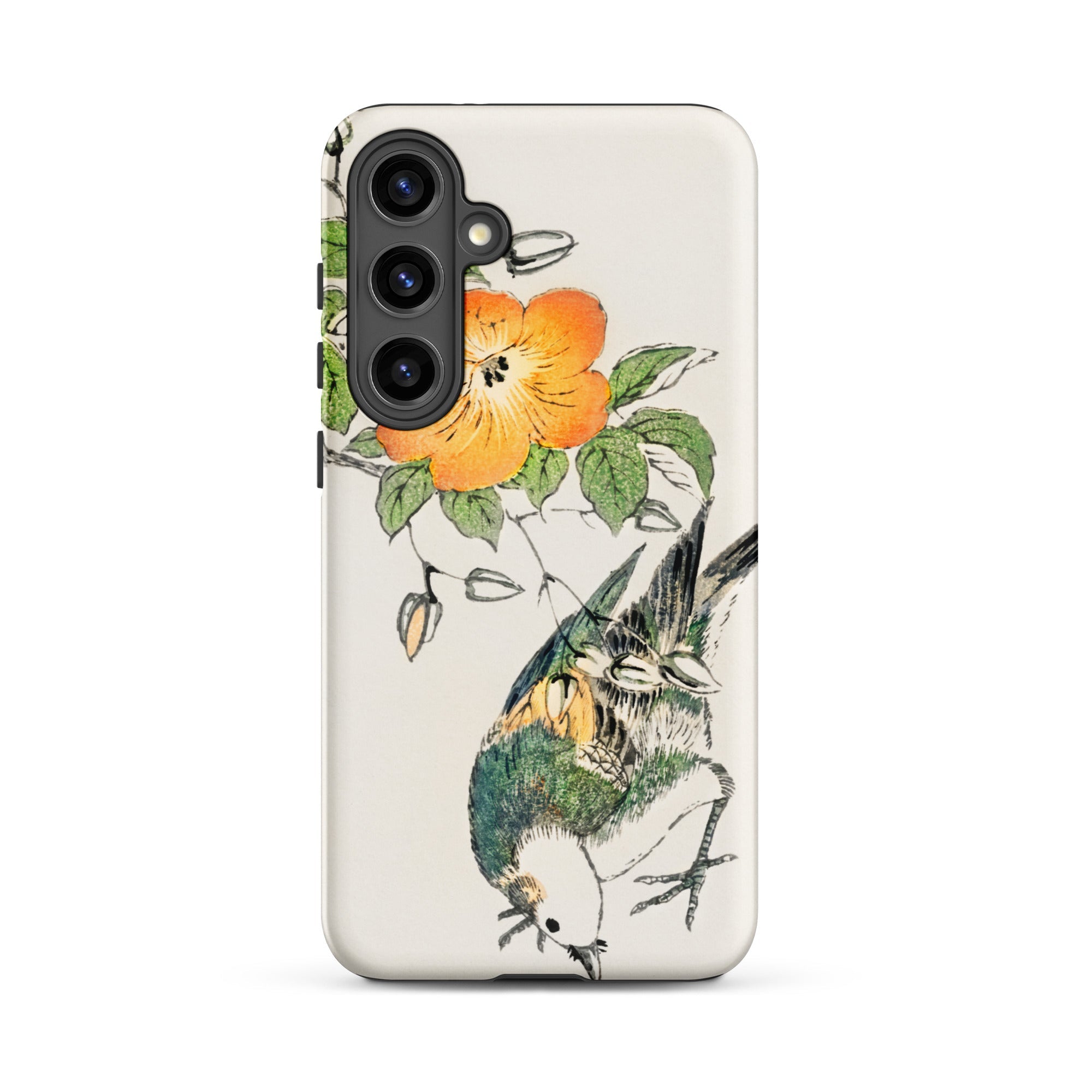 Gray Starling Numata Kashu Kacho e Samsung Case, Galaxy S24 Plus / Matte, White Smartphone Case Illustration Bird Orange Flower