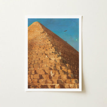 Great Pyramid of Giza - Adrien Dauzats Art Print / Canvas Framed Painting Golden-brown Stone Clear Blue Sky Fractures, Gargantuan,