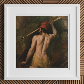 A Greek Slave - William Etty Art Print, 12x12’’ / 31x31cm / White Frame / 2’’ Matboard, Framed Painting Shirtless Man Red Hat Spear