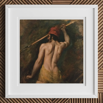 A Greek Slave - William Etty Art Print, 12x12’’ / 31x31cm / White Frame / 2’’ Matboard, Framed Painting Shirtless Man Red Hat Spear