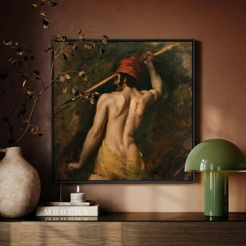 A Greek Slave - William Etty Art Print / Canvas Framed Painting Muscular Man Red Hat Yellow Loincloth William Etty Homoerotic, Homoerotic