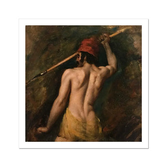 A Greek Slave - William Etty Art Print / Canvas 12x12’’ / 31x31cm / Unframed / White Border Muscular Man Red Hat Yellow Loincloth Holds