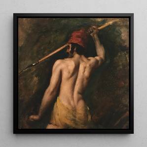 A Greek Slave - William Etty Framed Canvas, 12x12’’ / 31x31cm / Black Floating Frame, Painting Shirtless Man Red Hat Long Staff Spear