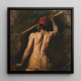 A Greek Slave - William Etty Framed Canvas, 12x12’’ / 31x31cm / Black Floating Frame, Painting Shirtless Man Red Hat Long Staff Spear