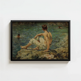Black-framed Painting Shirtless Man Light-colored Trousers Rocks Water Scott Tuke Transposes, Seaside Art Print, Fleeting Touch
