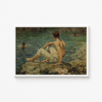 White-framed Painting Shirtless Man Light-colored Trousers Rocks Water Scott Tuke Transposes, Seaside Art Print, Fleeting Touch